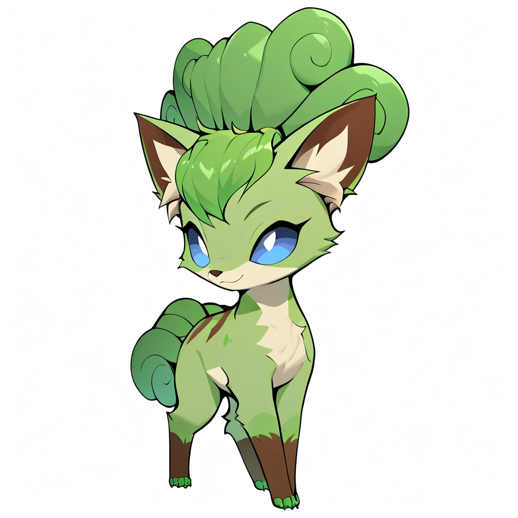 score_9, score_8_up, score_7_up, score_6_up, score_5_up, no humans, rating_safe, Vulpix covered in a green exoskeleton with caterpillar legs tipped with fuchsia colored claws long green antennae and blue eyes
