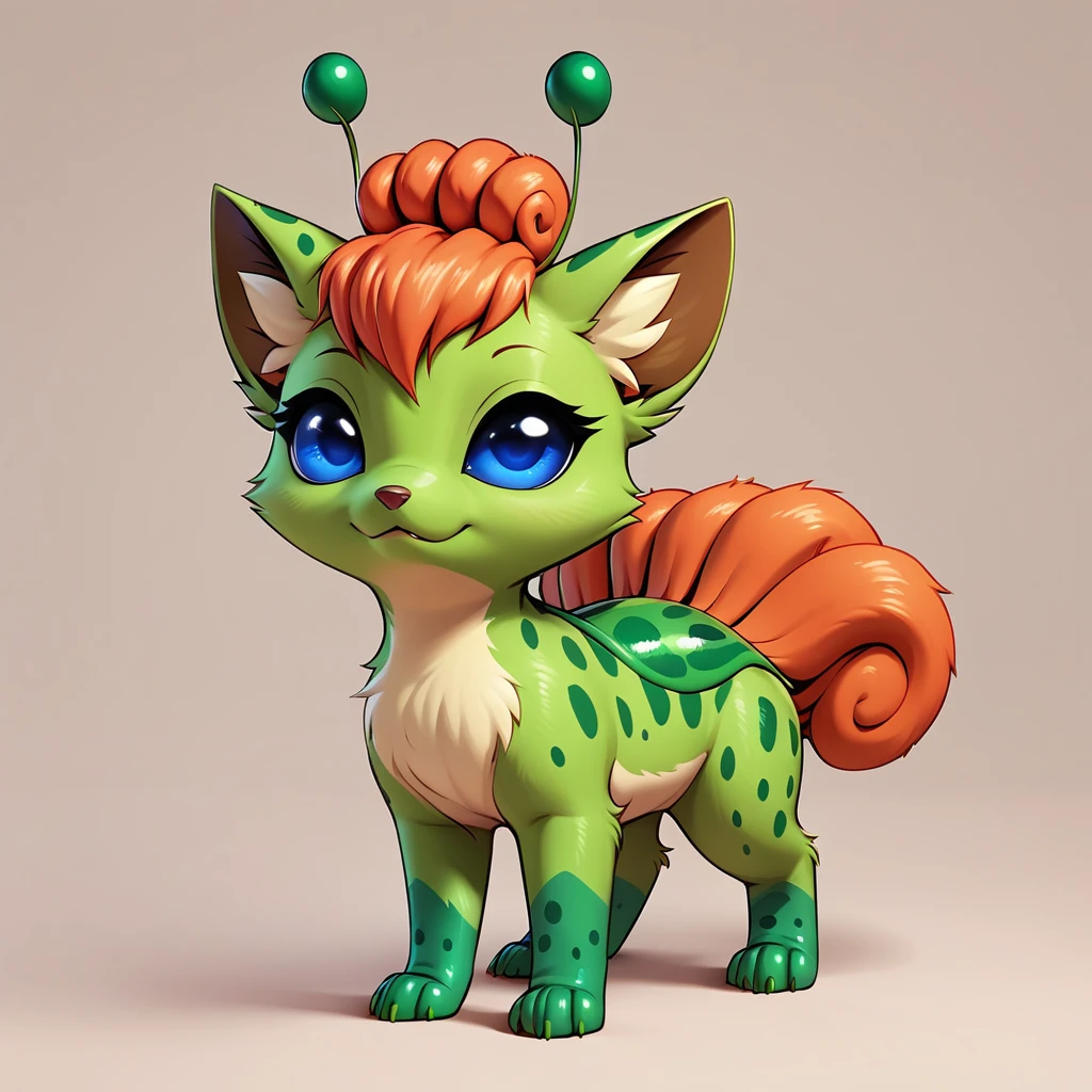 score_9, score_8_up, score_7_up, score_6_up, score_5_up, no humans, rating_safe, Vulpix covered in a green exoskeleton with caterpillar legs tipped with fuchsia colored claws long green antennae and blue eyes
