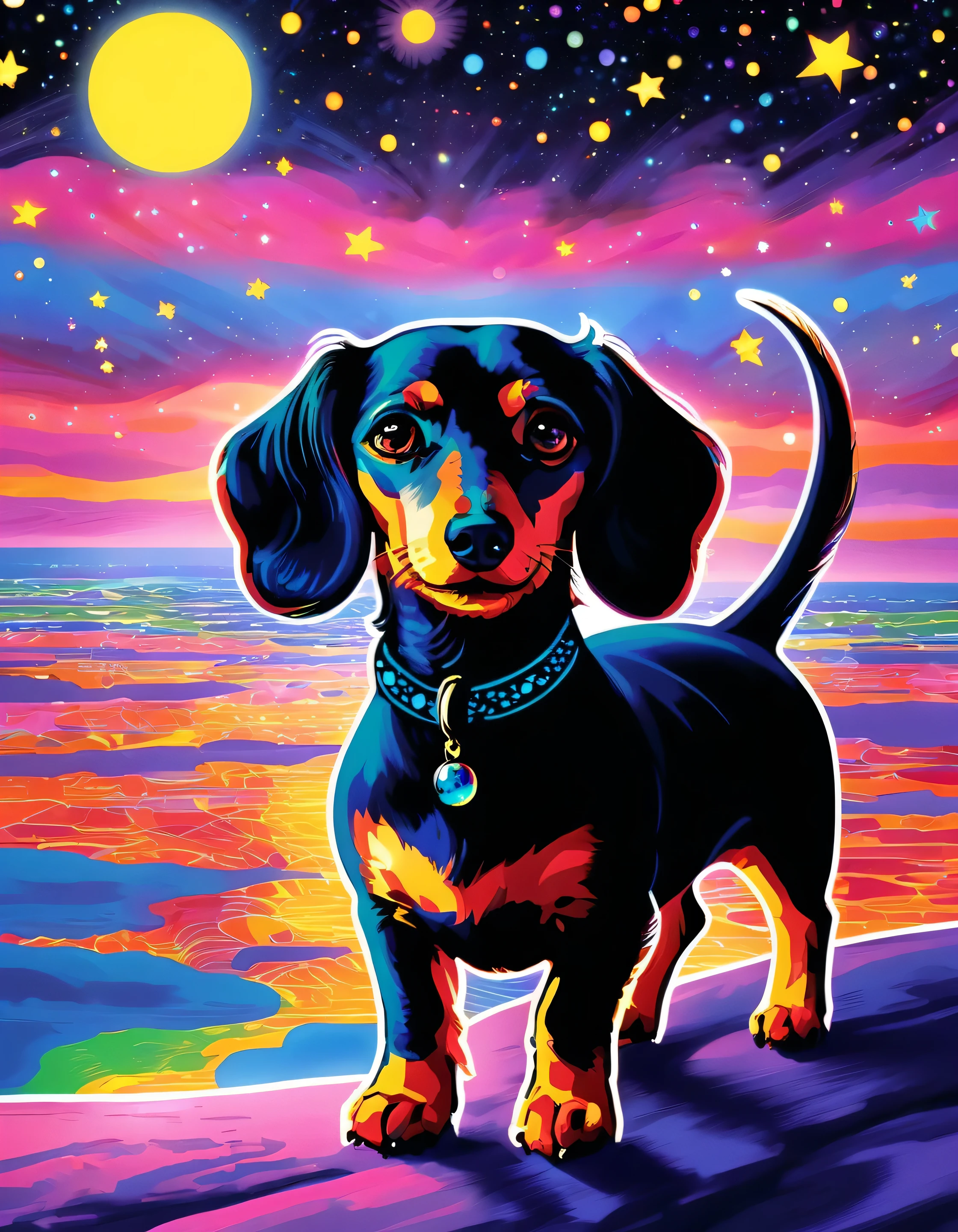 
black dachshund:1.2 (art by louis wain): psychedelic prints,dachshund under the night sky, ((illustration by louis wain)), 
(extreme detail), ((best quality)), ((masterpiece)), ((realistic)), (perfect) , 8k,, 8k, —q 4 —s 750