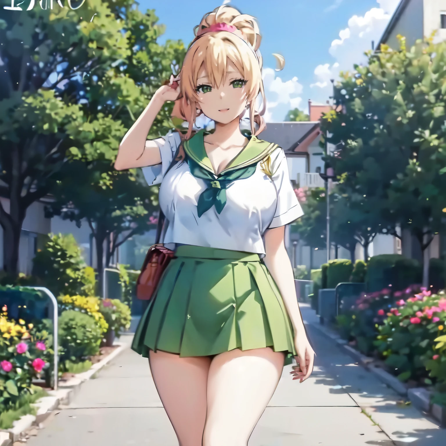 Blonde hair, very huge tits , ((sailor uniform, green short skirt)), thick, busty, green eyes, ponytail hair, upperbody, smile, cleavage, legs, thigh, garden flower background