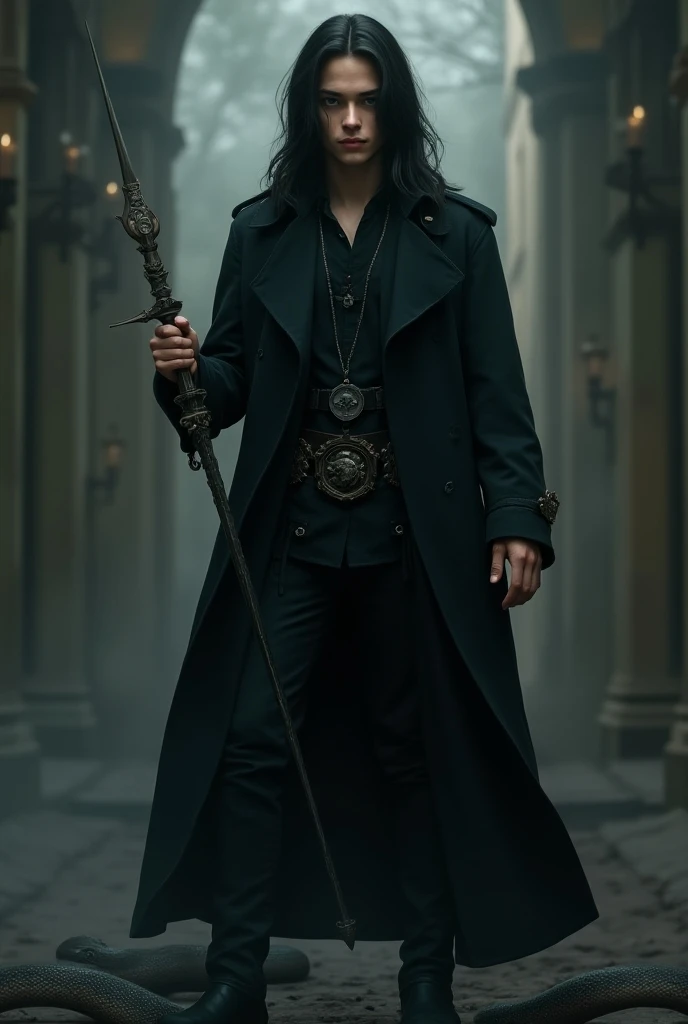18-year-old boy with cold eyes long black hair brushed backwards wearing a medieval black trench coat  ,  the boy is holding a white rod in his right hand and on his belt is the sword of Godric Griffindor , Finally, a basilisk  .