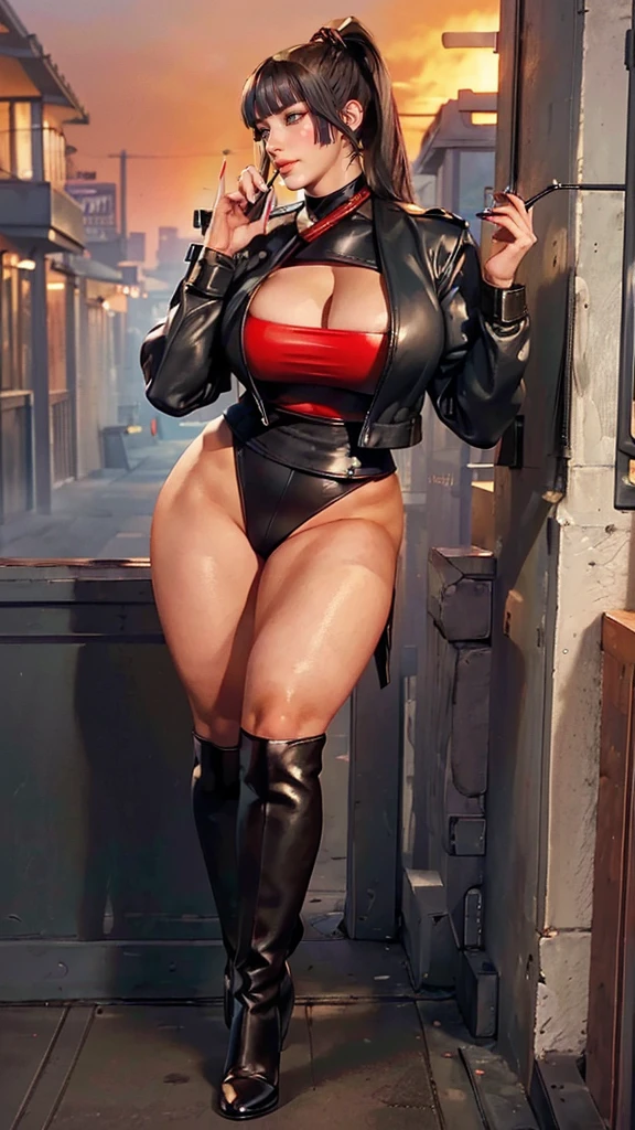 officer,officer ,((beautiful prostitute))),( sagging huge long wide heavy breasts),( (masterpiece) woman, Dressing (( black and red leather sports top, black leggings and a pleated leather skirt, long leather jacket, high heel boot, holding a book in one hand and a glass of wine in the other)) , Appearance ((black hair tied up in a high ponytail, modelo plus size, bright brown eyes,  detailed eyes,  red lips )), Environment, walking on a foggy street at sunset
