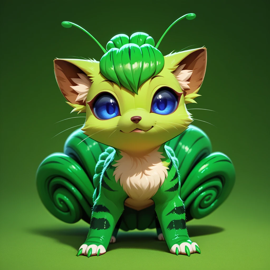 score_9, score_8_up, score_7_up, score_6_up, score_5_up, no humans, rating_safe, Vulpix covered in a green exoskeleton with caterpillar legs tipped with fuchsia colored claws long green antennae and blue eyes
