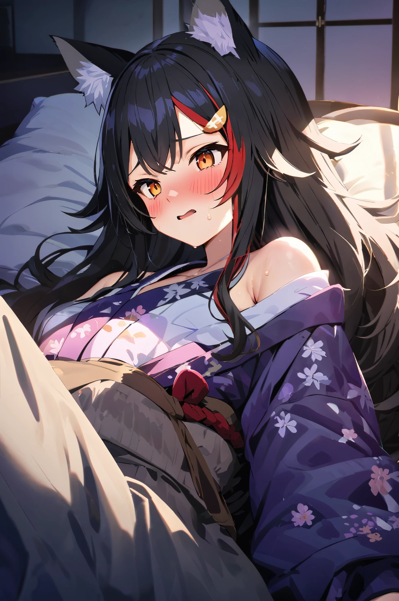 NSFW,masterpiece,Best Quality, high resolution on down, very detailed,Ogami Mio \( hololive \), very long hair,Black Hair,Wolf Ears,Hair accessories、kimono,yukata, off shoulder,Inn at night,Japanese-style room, moonlight,futon, I'm embarrassed,blush,Wisdom face, has sex appeal,sweat, Hollow Eyes, open clothes, lying down,Lying on your back