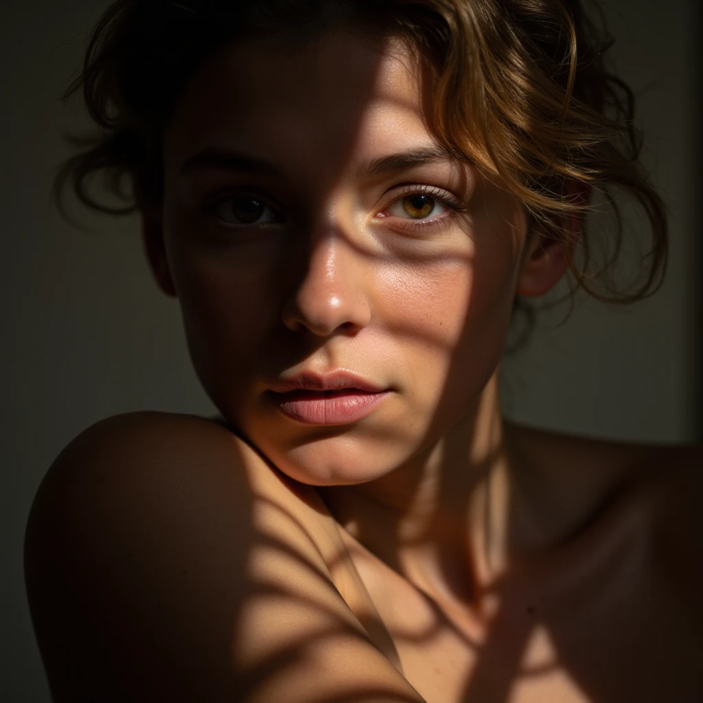 Cinematic Photo of Russian girl teasing The viewer by shyly opening her shirt with her hands,RAW candid cinema, 16mm, color graded portra 400 film, remarkable color textured skin, remarkable detailed pupils, skin noise, visible skin pores, shot on cinematic camera,full body view ,expressive eyes,veiny breast