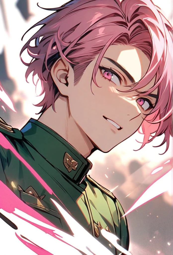 Handsome, solo, 1 male, short hair, pink hair, dark pink eyes, green uniform