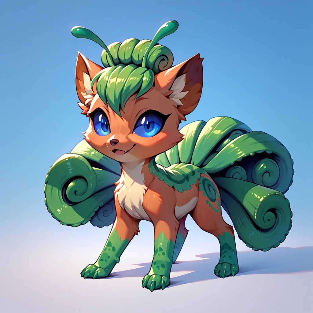 score_9, score_8_up, score_7_up, score_6_up, score_5_up, no humans, rating_safe, Vulpix covered in a green exoskeleton with caterpillar legs tipped with fuchsia colored claws long green antennae and blue eyes
