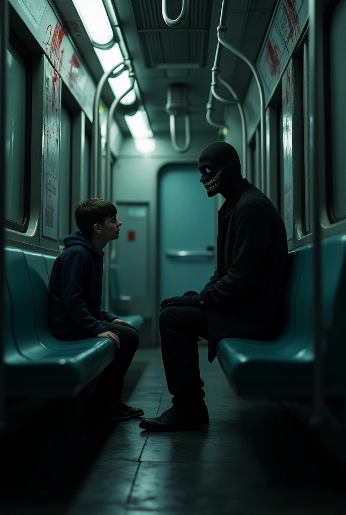 Teen Boy wearing blue hoodie and black pants brown shoes with mask on and fingerless gloves kidnapping teen boy tied up and gag with duct tape