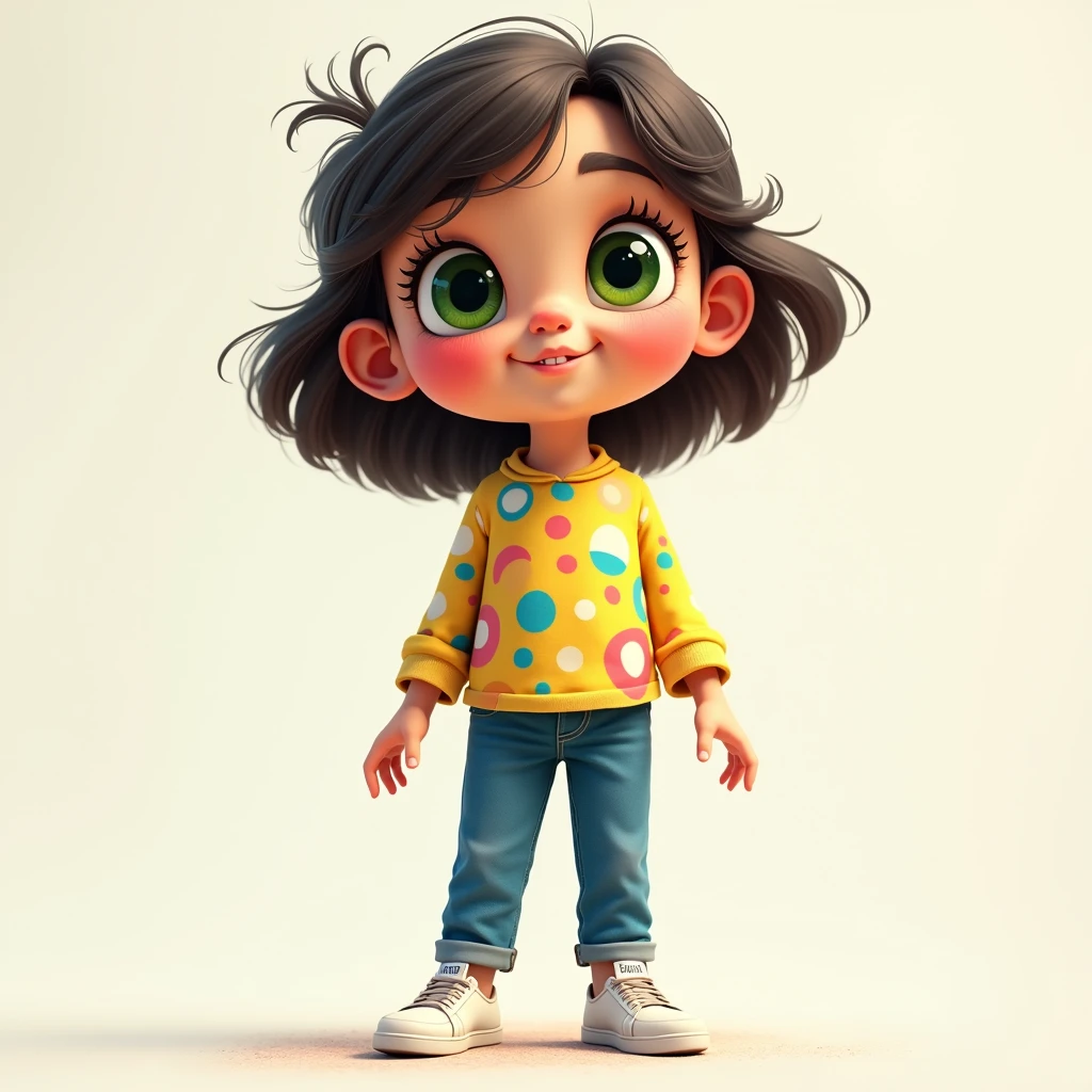  A *********** with big green eyes and long eyelashes,  she is wearing a colorful shirt , Jeans and white sneakers 