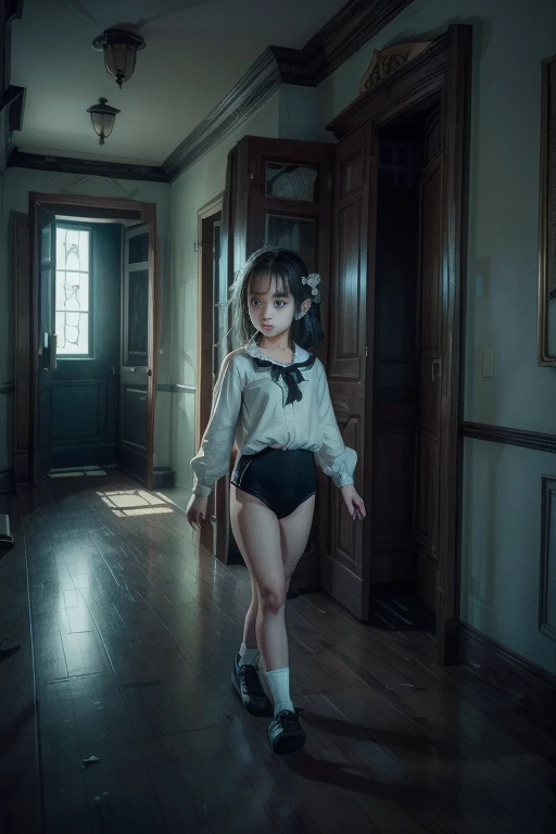 (masterpiece, highest quality),  (night's ghost mansion), One Girl, young teen, Black gymnastics bloomers, High leg、white blouse, walking in night ghost house、Anxious expression, Emotional, Wide-angle, dark, Best Shadow, watercolor,ghost、devil、Death Strikes、Fate of Death,Dark corridor、 cowboy shot