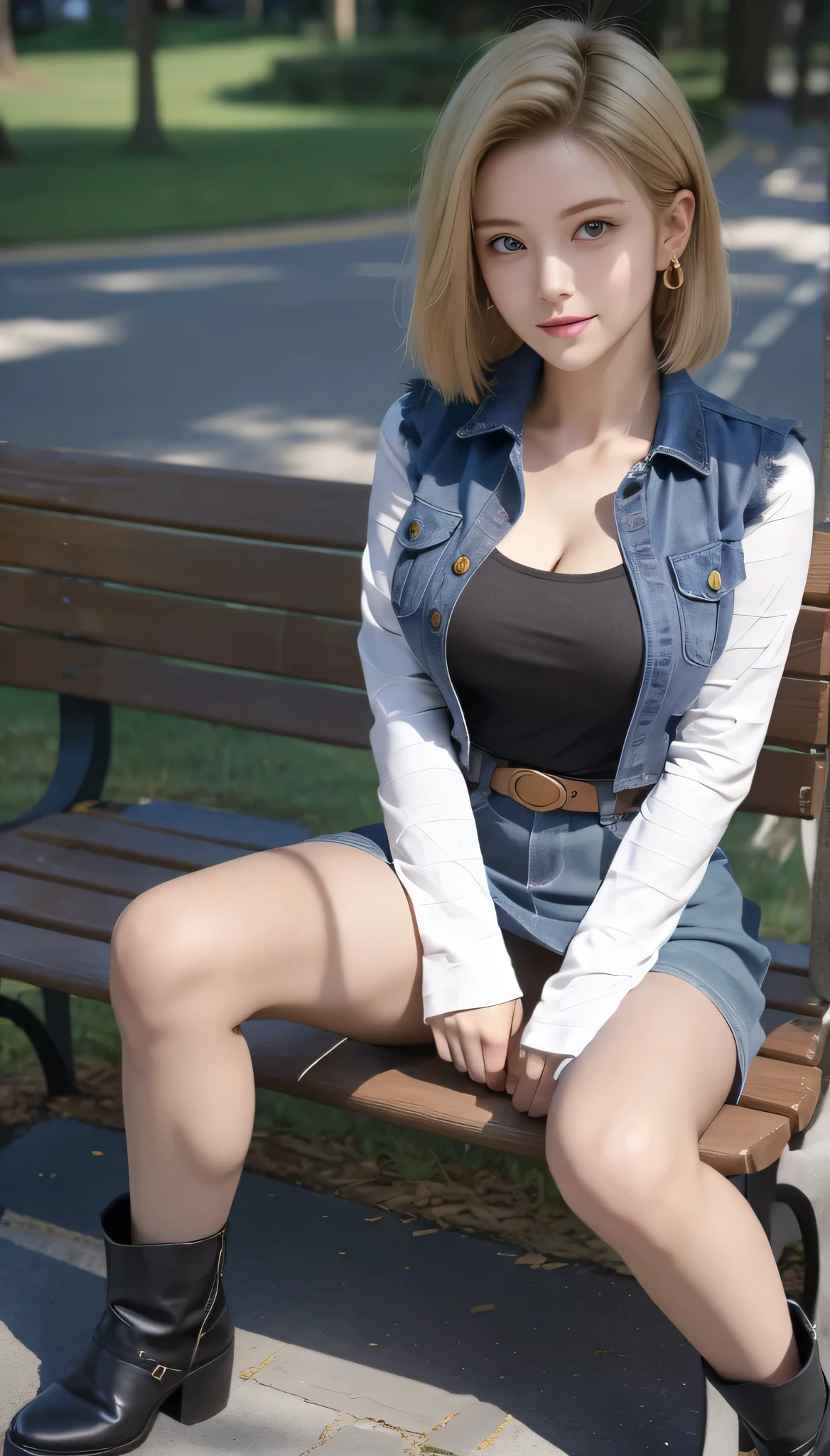 Android 18, Light Blonde, Short hair,  green eyes, Wearing round earrings, Long sleeves, Mini denim blue skirt, Black T-shirt with high cleavage, Big breasts, open light blue of denim vest, Belt, Black Pantyhose, Brown short boots, Looking at viewer, Slight smiling with closed lips sitting, On bench, Spread her right leg slightly, park, grass, winter, trees, blue sky, high quality, sitting, outside, blue sky, high quality, masterpiece,  