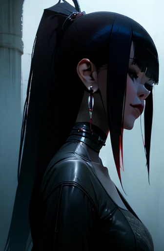 photorealistic portrait of stunning oriental goth woman, long multicoloured hair, platinum with blue and red, bangs, lips parted, seductive, sultry, lustful, choker, long earrings, sexy blouse, silhouetted, light hitting one side of face, the other side in darkness