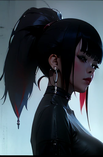 photorealistic portrait of stunning oriental goth woman, long multicoloured hair, platinum with blue and red, bangs, lips parted, seductive, sultry, lustful, choker, long earrings, sexy blouse, silhouetted, light hitting one side of face, the other side in darkness