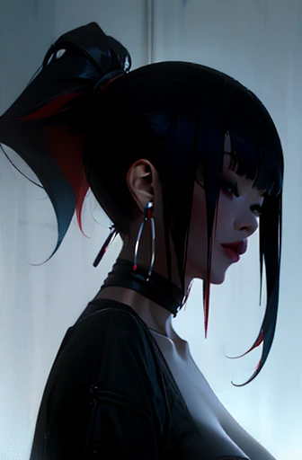 photorealistic portrait of stunning oriental goth woman, long multicoloured hair, platinum with blue and red, bangs, lips parted, seductive, sultry, lustful, choker, long earrings, sexy blouse, silhouetted, light hitting one side of face, the other side in darkness