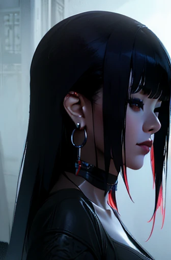 photorealistic portrait of stunning oriental goth woman, long multicoloured hair, platinum with blue and red, bangs, lips parted, seductive, sultry, lustful, choker, long earrings, sexy blouse, silhouetted, light hitting one side of face, the other side in darkness