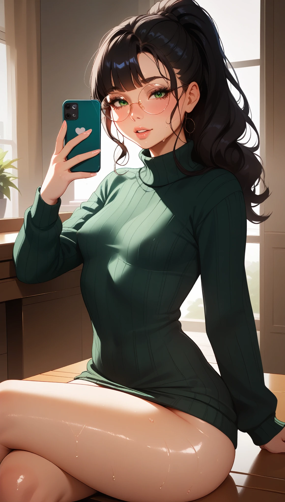 Expressiveh, view from front, look sexy, huge ass, naughty stare, sexy, small breasts,score_9, score_8_up, score_7_up, naughty look, mischievous, black frizzy hair with high ponytail, straight bangs, cut bangs, hot girl, source_anime, haughty, low, muscled thighs, sexy tight a woman with stripes on her body, sweater dress with long sleeves, stripe printed dress, sitting at the table, legs crossed, taking a selfie with the cell phone, legs open, front view, Expression mouth open feeling orgasm,, shyly, legs slightly open, 80swa, shiny skin, wet, oily, sweaty, perfect face, beautiful girl, beautiful face , green eyes, round prescription glasses, nerdy girl, scabies on her face, sexy tight, squeezing breasts, huge ass, perfect rounded ass, fair skin