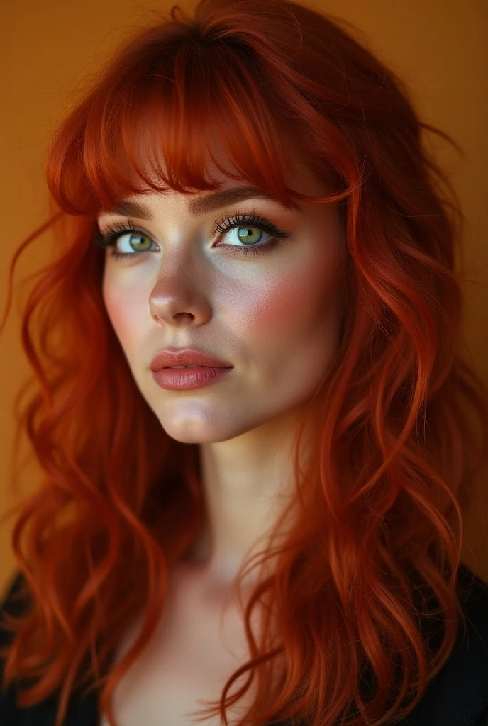 une femme aux cheveux rouges et aux yeux verts posant pour une photo, une peinture photoréaliste d'Alexander Kucharsky, gagnant du concours cgsociety , art numérique, fille rousse, tête rouge, beautiful femme rousse, cheveux roux coulants, peau orange et de longs cheveux flamboyants, photo d'une belle femme, femme rousse, cheveux roux et traits attrayants, elle est rousse