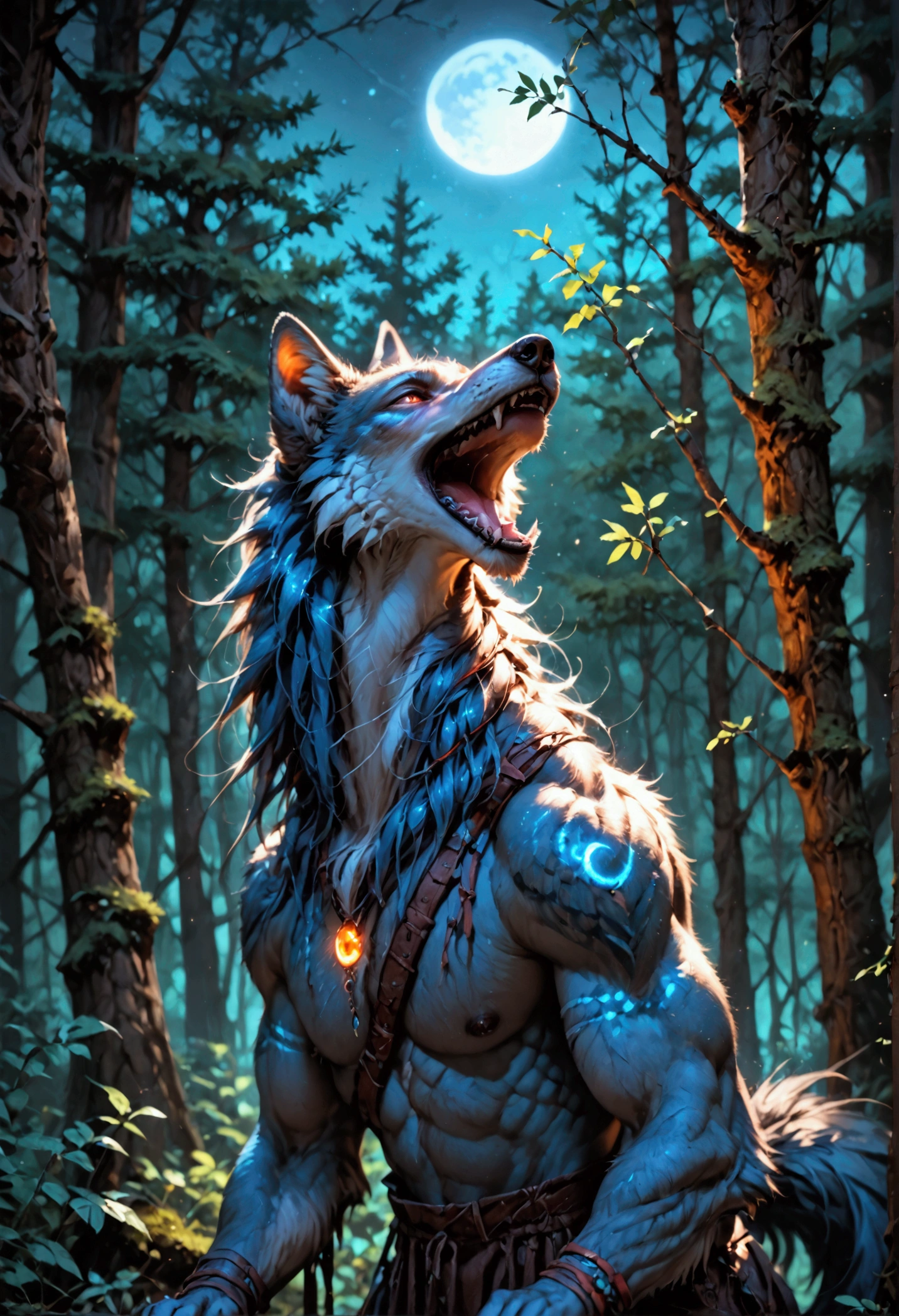 score_9, score_8_up, score_7, a anthro wolf howling in the night at the forest, a soft glowing moon hanging above the forest