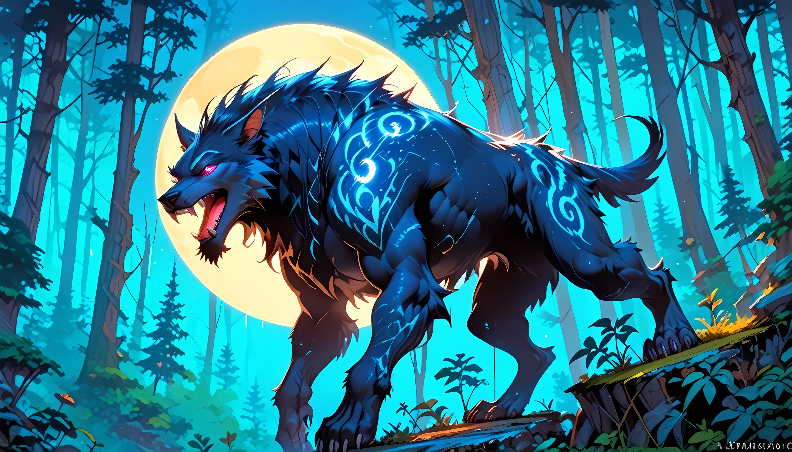 score_9, score_8_up, score_7, a anthropomorphic wolf howling in the night at the forest, a soft glowing moon hanging above the forest