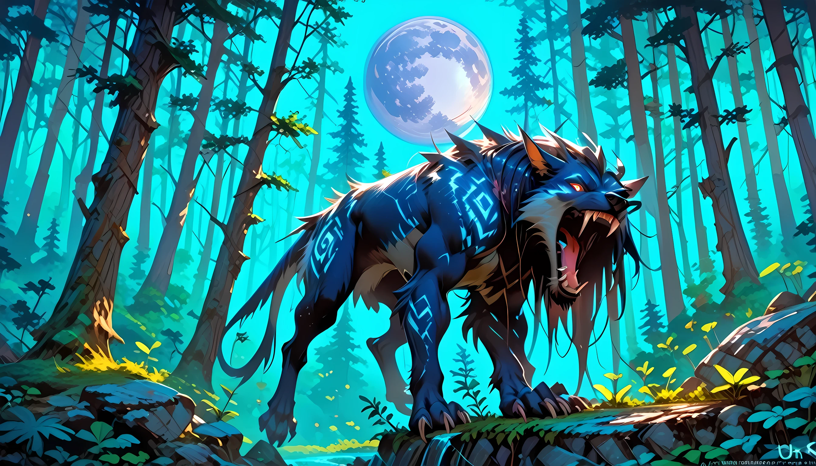 score_9, score_8_up, score_7, a anthropomorphic wolf howling in the night at the forest, a soft glowing moon hanging above the forest