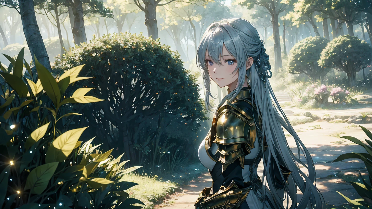 ((Enchanting Fantasy anime)): a paradise-like grove, a hill, rich with towering trees, and sparkling streams under a dramatic sky, evoking a surreal, magical atmosphere. The scene blends fantasy with an ethereal, ((Genshin Impact-inspired style)), rendered in ultra-high 4K and (8K resolution with extreme detail and fine art quality. A female warrior ((full body)), 1girl, solo, used a armor, is ((walking in paradisiacal landscape)). ((She is dressed in light armor)). Facing the viewer in an ultra-detailed, photorealistic 8K portrait, she exudes elegance. Her long silver hair cascades around her face, drawing attention to her captivating golden eyes and an enchanting, gentle smile. She embodies both strength and beauty. 