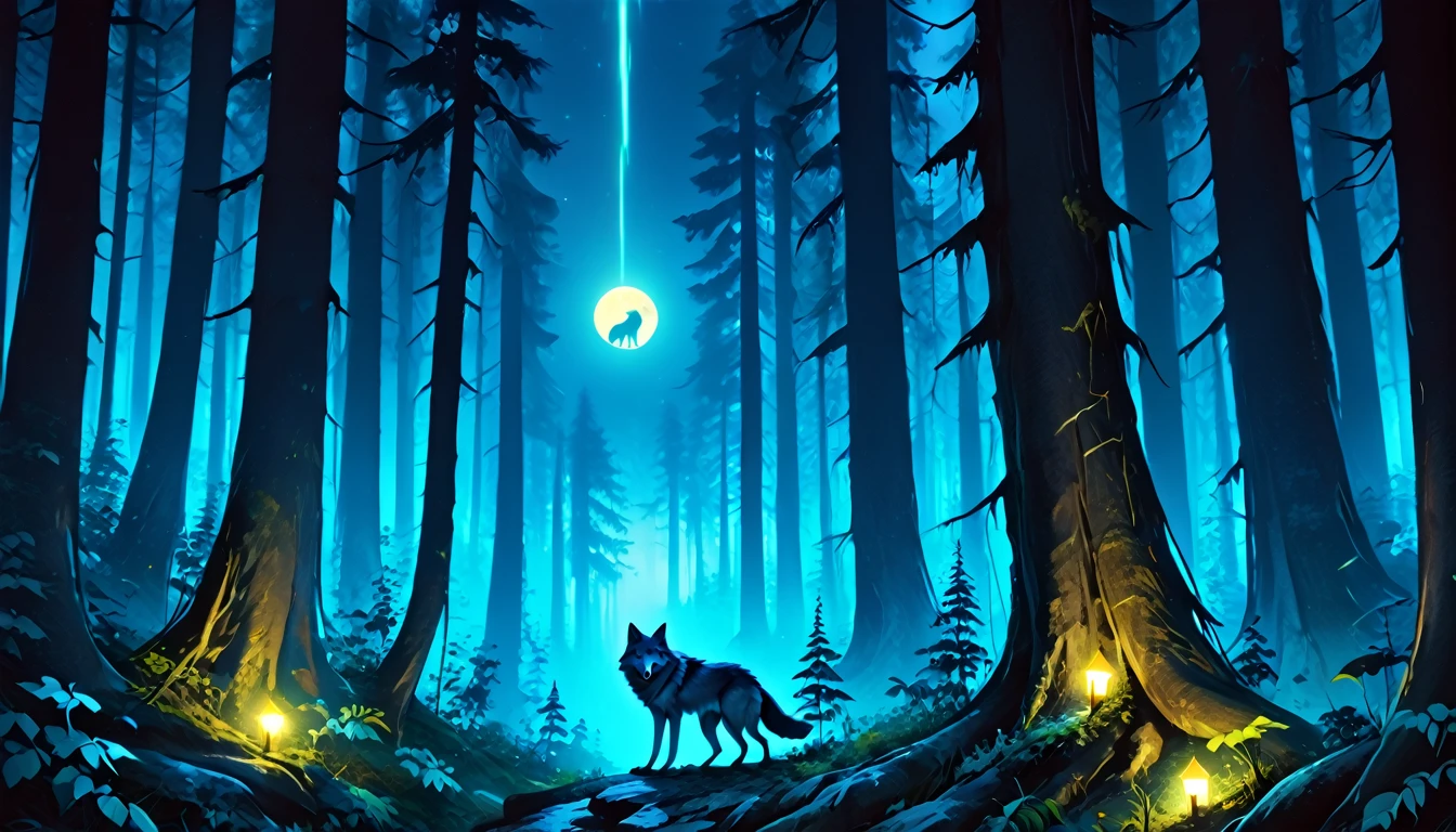 score_9, score_8_up, score_7, a anthropomorphic wolf howling in the night at the forest, a soft glowing moon hanging above the forest