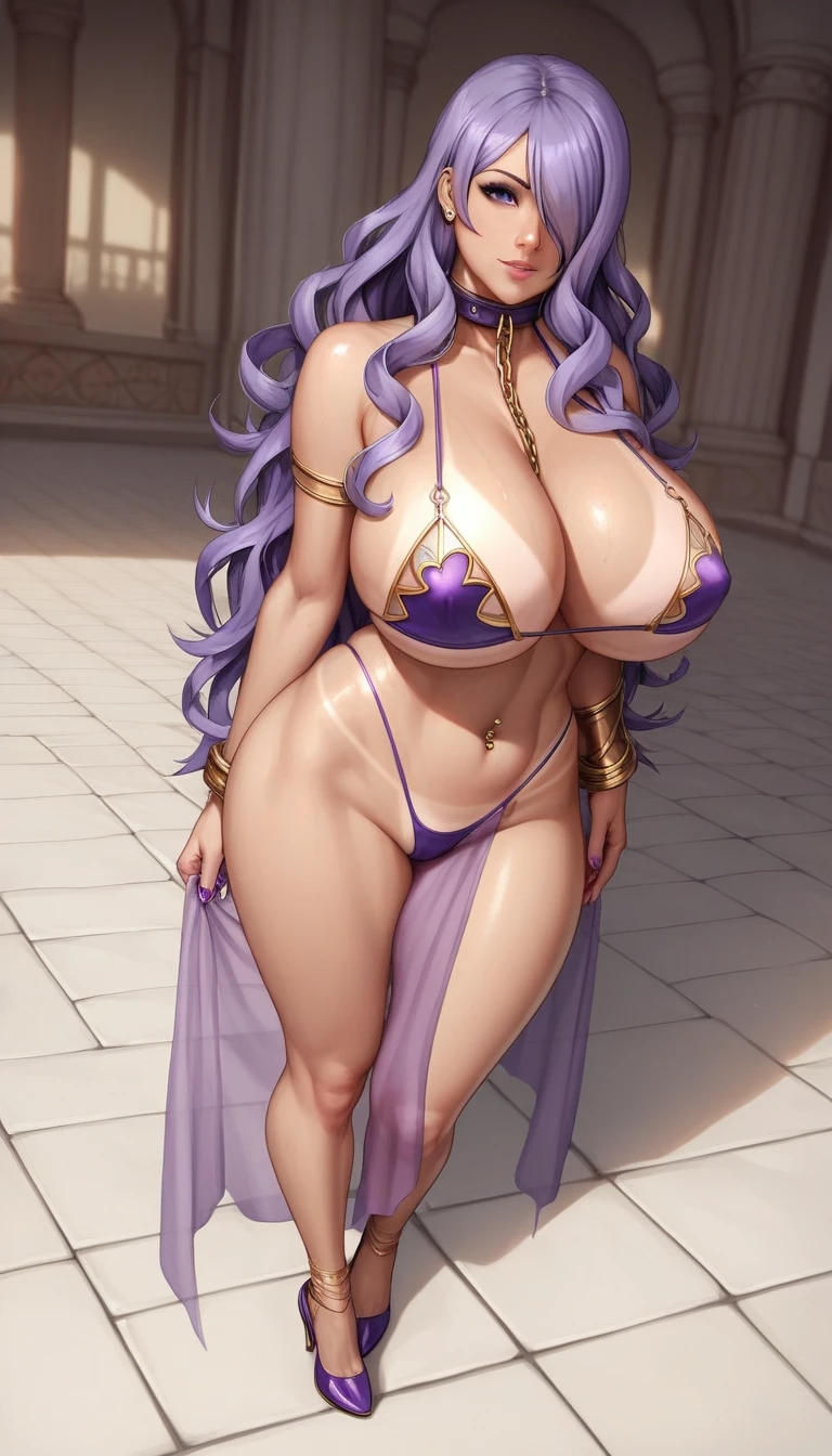 score_9, score_8_up, score_7_up, source_anime, best quality, solo, clear face, huge breasts, perfect body, looking at viewer, sex slave, purple slave bikini, palace, standing, dynamic angle, high leg thong, from behind, big ass, wide hips, navel piercing, purple pelvic curtain, Camilla, long hair, purple hair, defCm, hair over one eye, pelvic curtain, see-through, slender, thong tan lines, braided ponytail, high heels