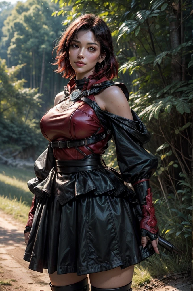 Eliza From Tekken, sensual gothic dress, forest in the background with a dimly lit cabin between the trees
