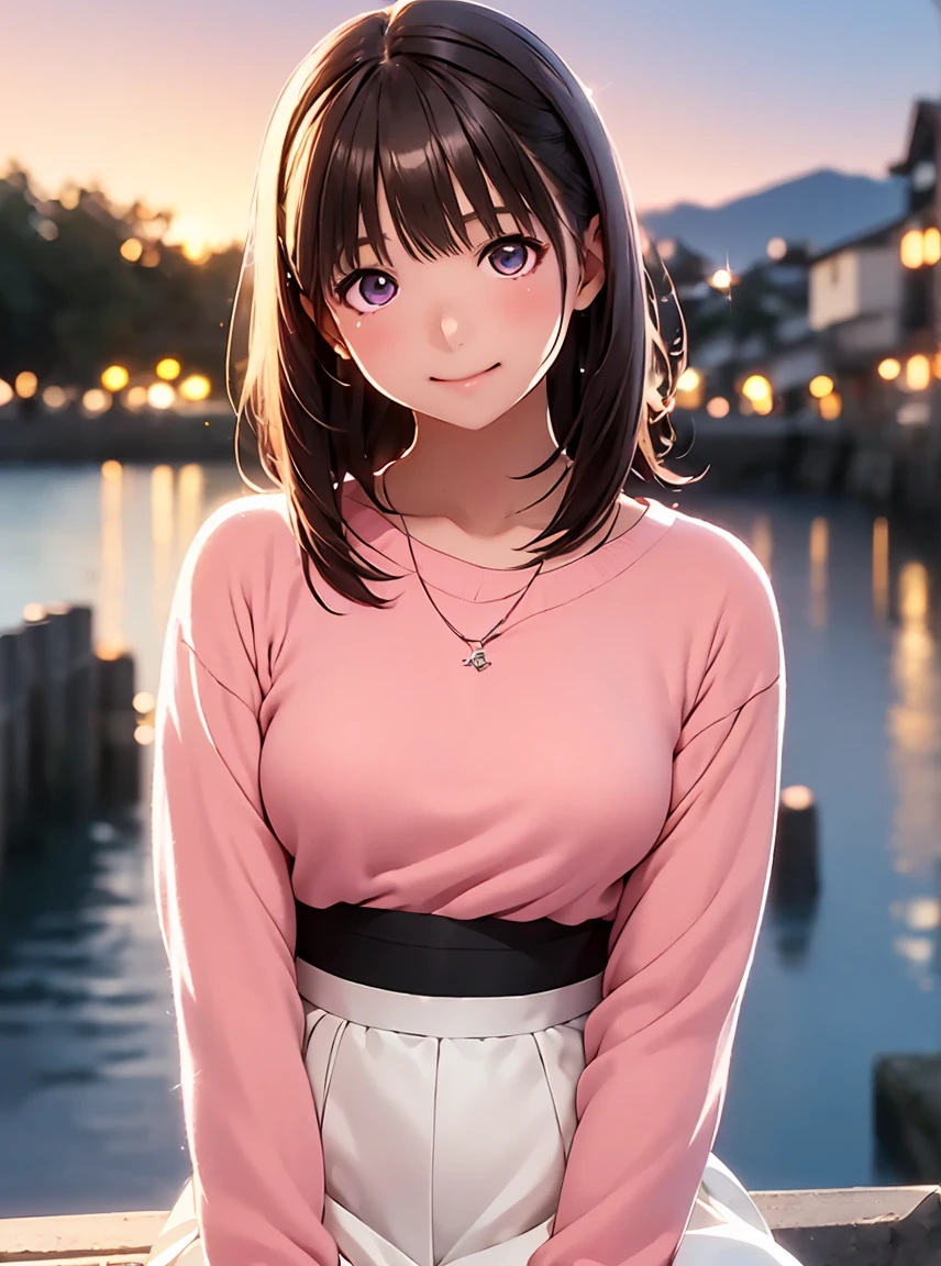   high resolution on down ,In 8K, best quality, Details,Semi-realistic anime, D Anime Style , Smooth Animated CG , one girl playing pranks, 19-year-old Japanese woman,slim,modeling,((Sparkling Eyes)),(( medium hair)),(Maroon Glowing Hair ), Pink Lips, Shiny brown hair, Detailsな顔,Beautiful and  Details,,((深い青紫色のSparkling Eyes)),(Shut your mouth.),(Laughter),((Black long sleevesロングカーディガン)),(((Black long sleeves))),(( light cream pencil skirt)),( sit on the seawall at night ),((Night view of the wharf )),((slimな身体)),( look at the camera),((Spread your arms down ))