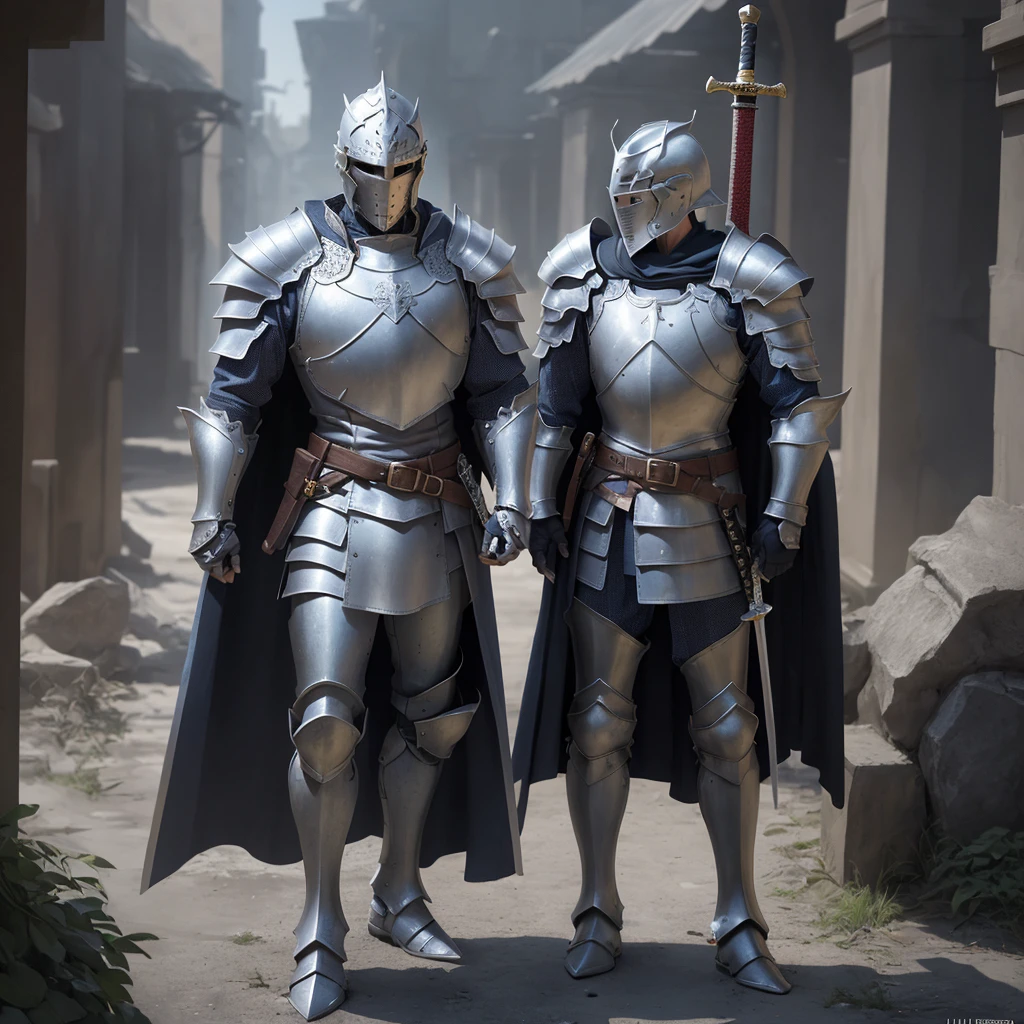 on_shoulder,sword_leme,standing,  full body ,Armored boots,pork rinds,belt,knight,collar,cape,Armor, high,((segurando sword)),shoulder Armor,clamps,armor,gauntlets,pauldrons,full Armor,helmet removed,(( holding helmet)),plate Armor,, (masterpiece,  best quality ,  high quality,  highres icon, ultradetailed), MAN, MAN, BOY