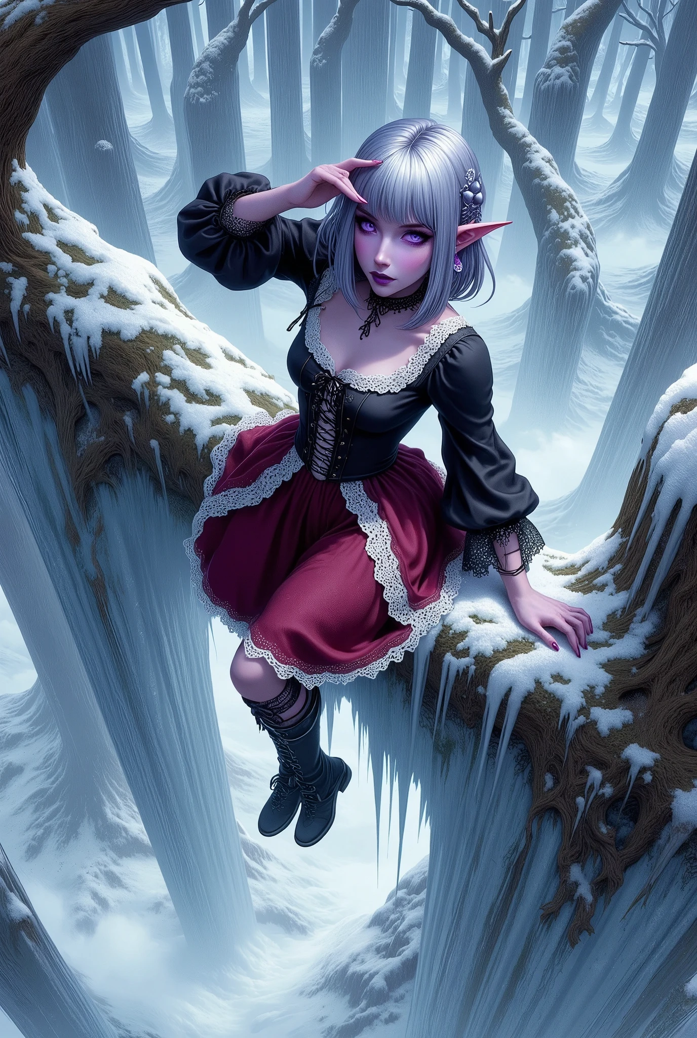 (Ultra-detailed face, Looking away, Fantasy Illustration with Gothic, Sharp tone colors.), BREAK 
(A bird's-eye view from above, looking down on the ground. Deep in a forest where huge frozen trees cover the area, a female dark elf ranger is climbing a huge tree, 200 meters in diameter and covered in ice, and crossing a large branch that juts out above the snow cloud. The area is covered in a white haze, glistening blue-white as the moonlight reflects off the ice. The female ranger looks down at the ground far beyond with one hand over her eyes.), BREAK 
(The dark elf woman ranger wears a jet-black blouse with medieval-style lace bows and ruffles, and a crimson balloon skirt with white lace at the hem. She wears lacy black stockings and short black boots made of soft leather.), BREAK 
(She has glossy silver hair and eyebrows, blunt bangs, waist-length hair that is bunched and braided behind her neck, small pink lips, dark purple skin, lavender eyes, and a young-aged female dark elf ranger with thick, dark eyeliner around her eyes.), BREAK 
(This is a frozen, ancient forest that has been here for thousands of years. The atmosphere is sacred and filled with a pale glow of various shades.)