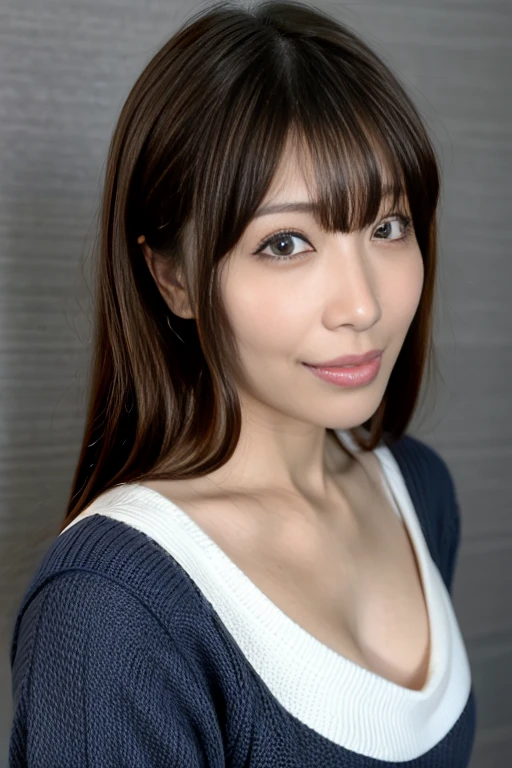 Japanese beauty mature woman，40 years old， high resolution on down , masterpiece,  inflamed skin ,  very detailed, Realistic, Professional Lighting , Borderline deep , sharp, (  gray background :1.2), (Front View：1.2),( Japanese Mature, 45 year old women are sexy :1.0),  detail face  ,  beautiful eyes, bangs,  big balanced chest  ,  light brown straight hair , Faint lips, 優しいsmile, smile, (Catch Eye:1.3),((Stand in front、Being watched by the audience, Serious face eyes,)), (Super Thin Blue Sweater  :1.2), Theta, Full body image,  cowboy shot