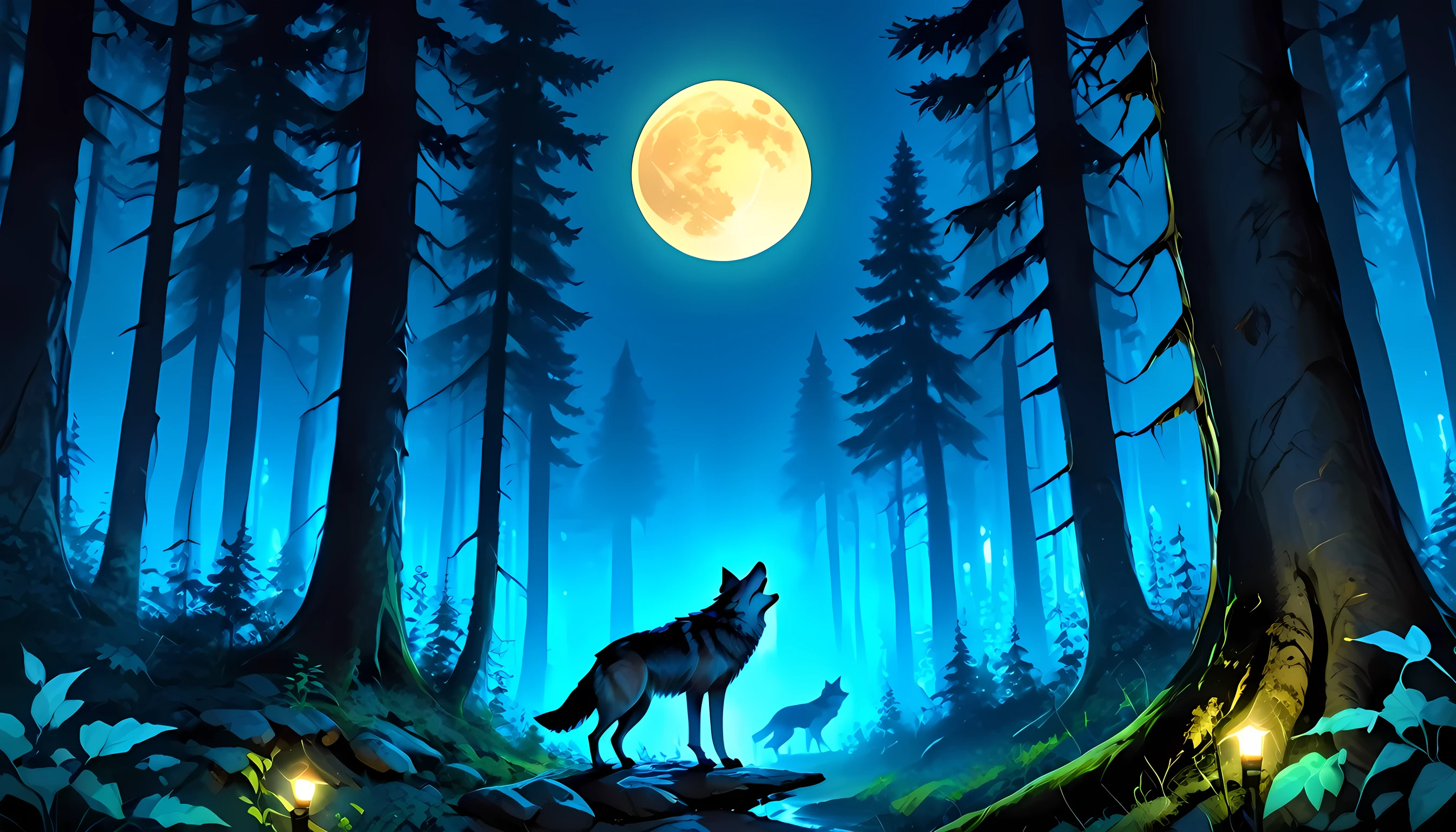 score_9, score_8_up, score_7, a anthropomorphic wolf howling in the night at the forest, a soft glowing moon hanging above the forest