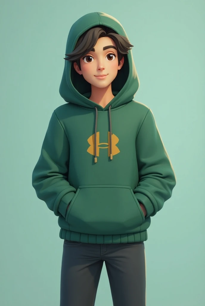 A tall boy wearing a green hoodie with 2010-style hair.