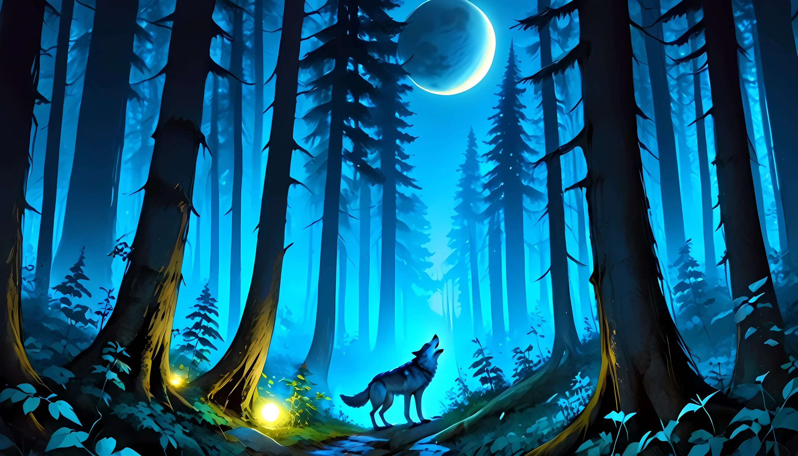 score_9, score_8_up, score_7, a anthropomorphic wolf howling in the night at the forest, a soft glowing moon hanging above the forest