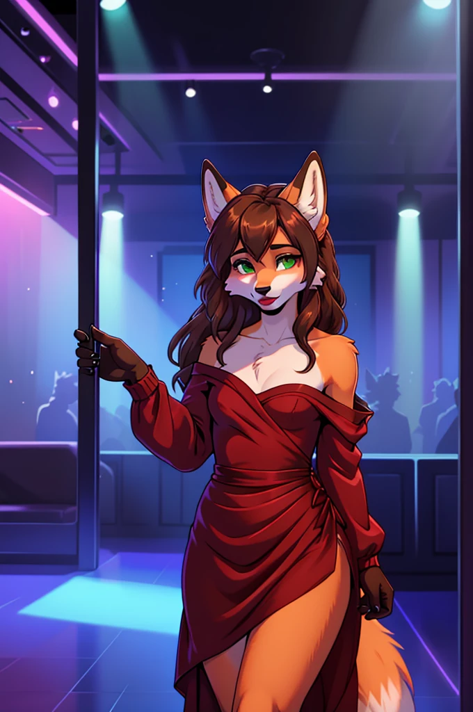 Best quality, furry male fox with green eyes, with brown long hair, with black spout, with red lipstick on lips, big lips, in a blue dress, crossdressing, smiles sweetly, holding a bottle of champagne, sexy pose, standing seductively at the entrance to a night casino 