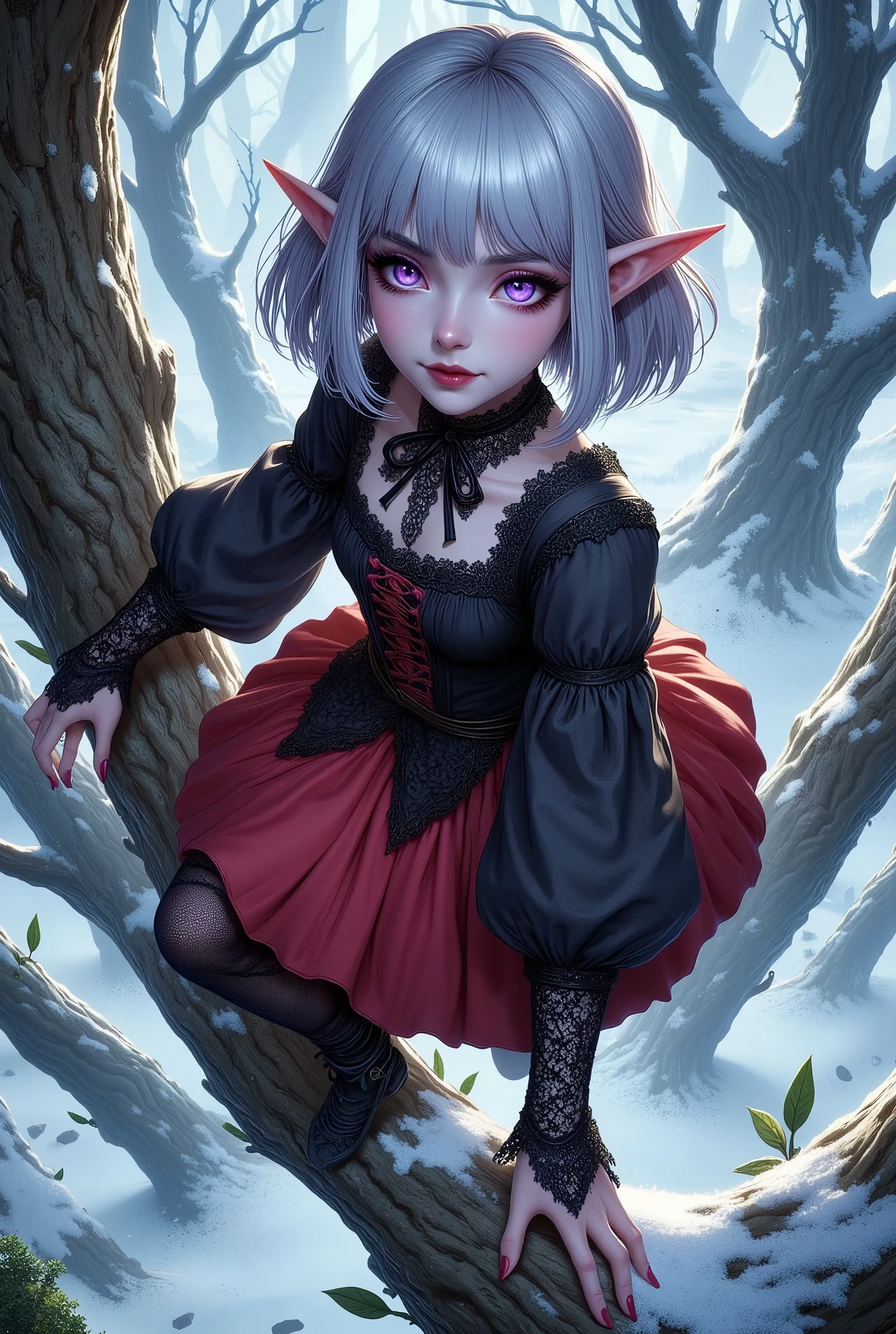 (Ultra-detailed face, Looking away, Fantasy Illustration with Gothic, Dark tone colors.), BREAK 
(A bird's-eye view from above, looking down on the ground. Deep in a frozen forest, a female dark elf ranger is climbing a huge tree, 200 meters in diameter and covered in ice, and crossing a large branch that juts out above the snow cloud. The area is covered in a white haze, glistening blue-white as the moonlight reflects off the ice. The female ranger looks down at the ground far beyond with one hand over her eyes.), BREAK 
(The dark elf woman ranger wears a jet-black blouse with medieval-style lace bows and ruffles, and a crimson balloon skirt with white lace at the hem. She wears lacy black stockings and short black boots made of soft leather.), BREAK 
(She has glossy silver hair and eyebrows, blunt bangs, waist-length hair that is bunched and braided behind her neck, small pink lips, dark purple skin, lavender eyes, and a young-aged female dark elf ranger with thick, dark eyeliner around her eyes.), BREAK 
(This is a frozen, ancient forest that has been here for thousands of years. The atmosphere is sacred and filled with a pale glow of various shades.)