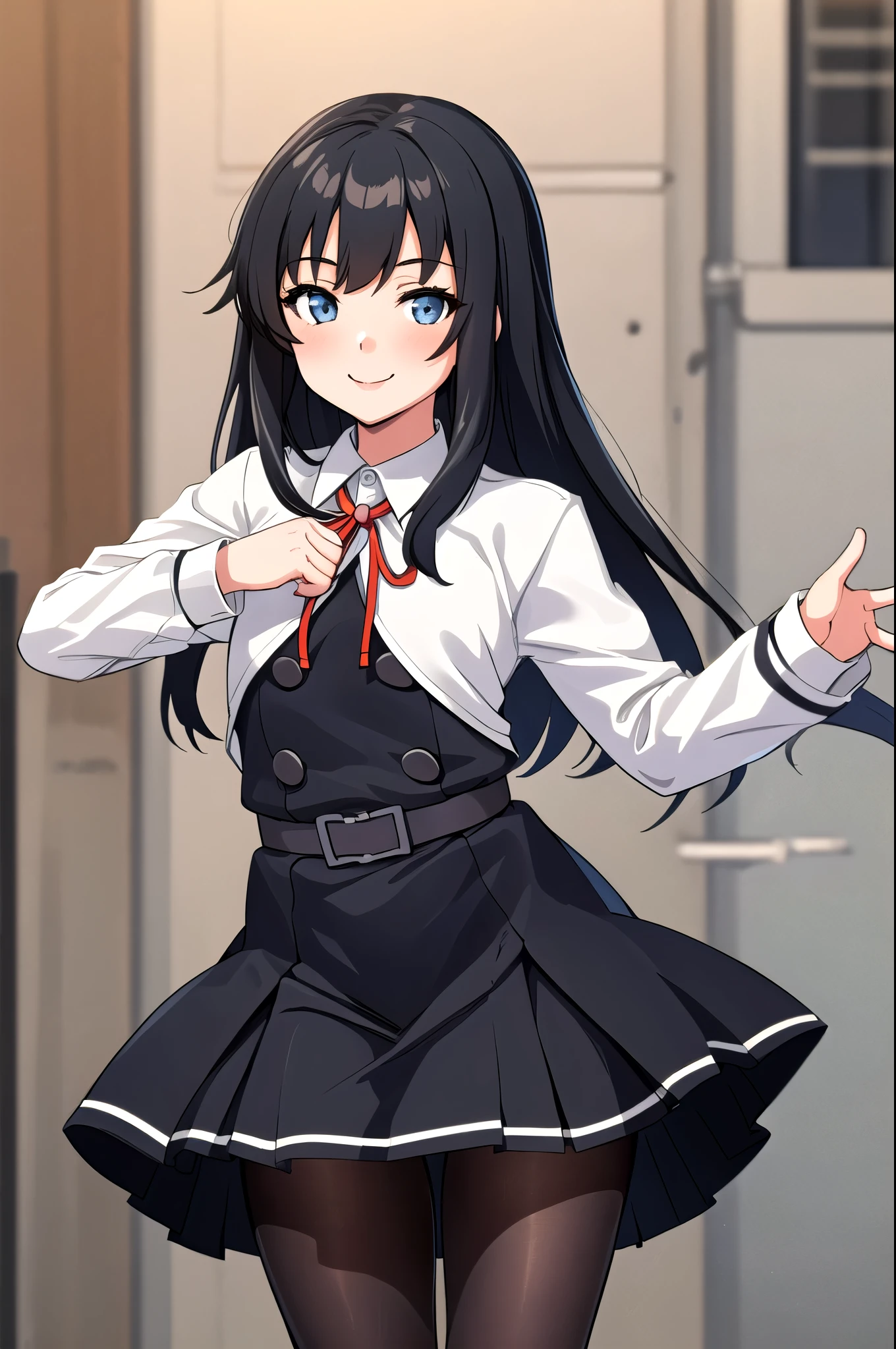 (masterpiece, Best Quality:1.2), Alone,  one girl playing pranks, Assassiokundo, smile,  browse viewers in a nuisance pose ,  white shirt ,  black dress,  apron dress ,  With a neck ribbon,  Long Sleeve ,  black pantyhose, belt,  Miniskirt