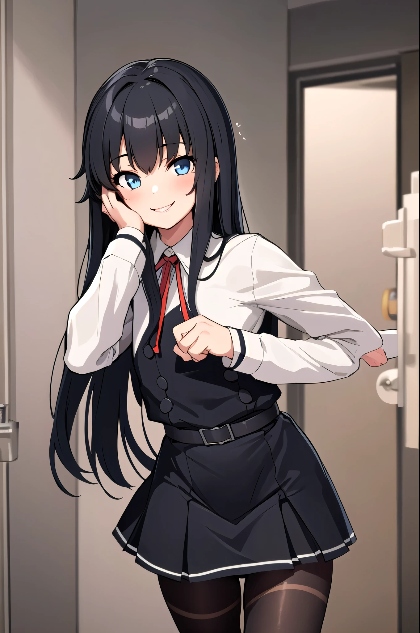 (masterpiece, Best Quality:1.2), Alone,  one girl playing pranks, Assassiokundo, smile,  browse viewers in a nuisance pose ,  white shirt ,  black dress,  apron dress ,  With a neck ribbon,  Long Sleeve ,  black pantyhose, belt,  Miniskirt