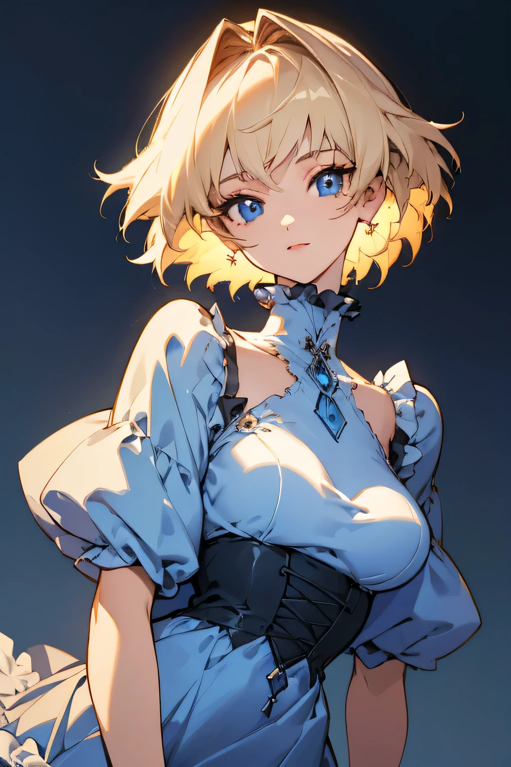 Anime style, semi realistic, young woman with fluffy short blonde hair, happy expression, blue eyes, frilly white dress, large chest, Looking at viewer, High Resolution, 1girl, Simple background, Masterpiece, Accurate, Anatomically Correct, Best Quality, Art Deco, HD, High Details,