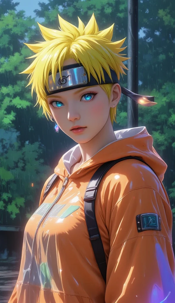 A realistic, vibrant depiction of Naruto Uzumaki standing in the rain with raindrops splashing around, his iconic spiky blond hair damp and his determined blue eyes gleaming with resolve. He wears an orange hoodie with wet fabric clinging to his body, and his headband with the Leaf Village symbol reflects a glistening raindrop. Background: a lush, dense forest under a heavy rainstorm, with water droplets capturing the light, giving an immersive, dramatic atmosphere.