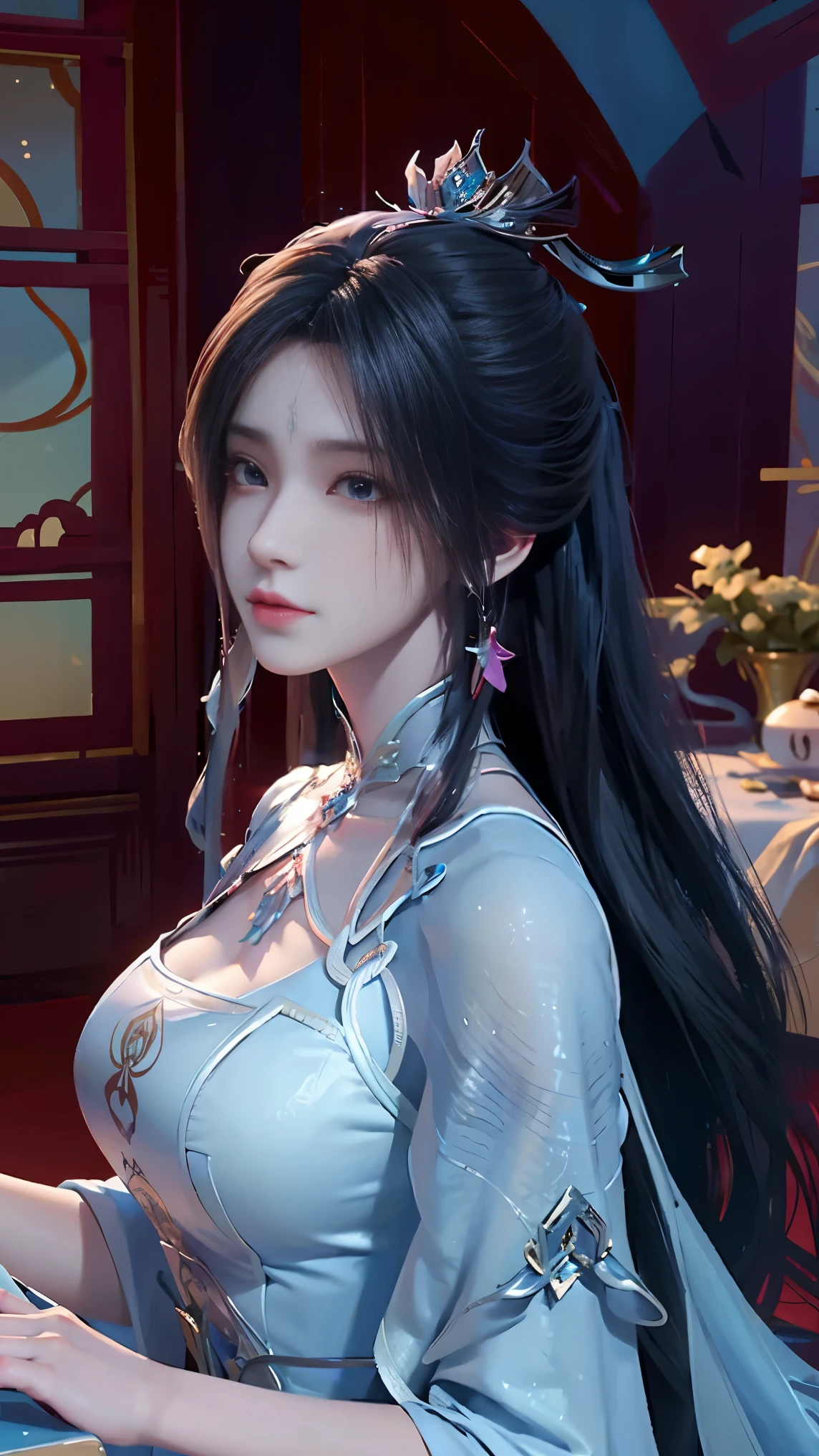 The painting shows a woman in a blue dress standing in a pool, Beautiful character painting, ((Beautiful fantasy queen)), Beauvot Art Style, closeup fantasy with water magic, Artwork in the style of Guweiz, Inspired by Chen Yifei, Ethereal Beauty, Beautiful fantasy queen, Inspired by Zhang Yan, palace ， Girl wearing Hanfu (Optimal lighting), (Super intricate details), 4k unity, (Super detailed CG),masterpiece, Exquisite facial features, Delicate hair depiction, Detailed description