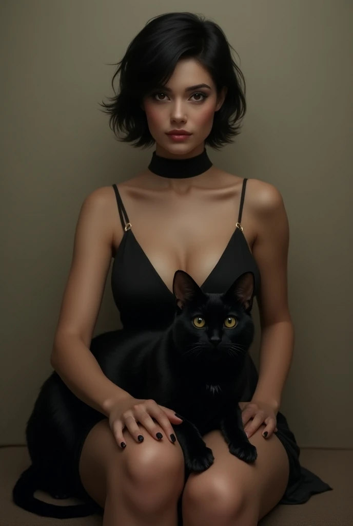 megan fox/naked/with a grey cat/gothic room/dark lips/green halo light/on black sofa/showing vampire teetharmpit posig