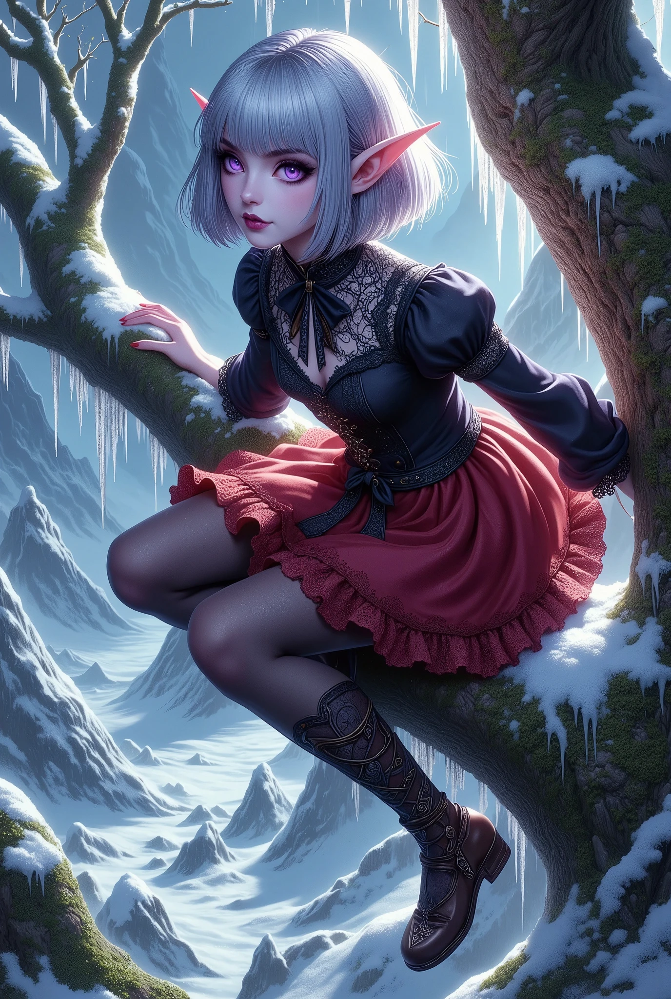 (Ultra-detailed face, Looking away, Fantasy Illustration with Gothic, Dark tone colors.), BREAK 
(A bird's-eye view from above, looking down on the ground. Deep in a frozen forest, a female dark elf ranger is climbing a huge tree, 200 meters in diameter and covered in ice, and crossing a large branch that juts out above the snow cloud. The area is covered in a white haze, glistening blue-white as the moonlight reflects off the ice. The female ranger looks down at the ground far beyond with one hand over her eyes.), BREAK 
(The dark elf woman ranger wears a jet-black blouse with medieval-style lace bows and ruffles, and a crimson balloon skirt with white lace at the hem. She wears lacy black stockings and short black boots made of soft leather.), BREAK 
(She has glossy silver hair and eyebrows, blunt bangs, waist-length hair that is bunched and braided behind her neck, small pink lips, dark purple skin, lavender eyes, and a young-aged female dark elf ranger with thick, dark eyeliner around her eyes.), BREAK 
(This is a frozen, ancient forest that has been here for thousands of years. The atmosphere is sacred and filled with a pale glow of various shades.)