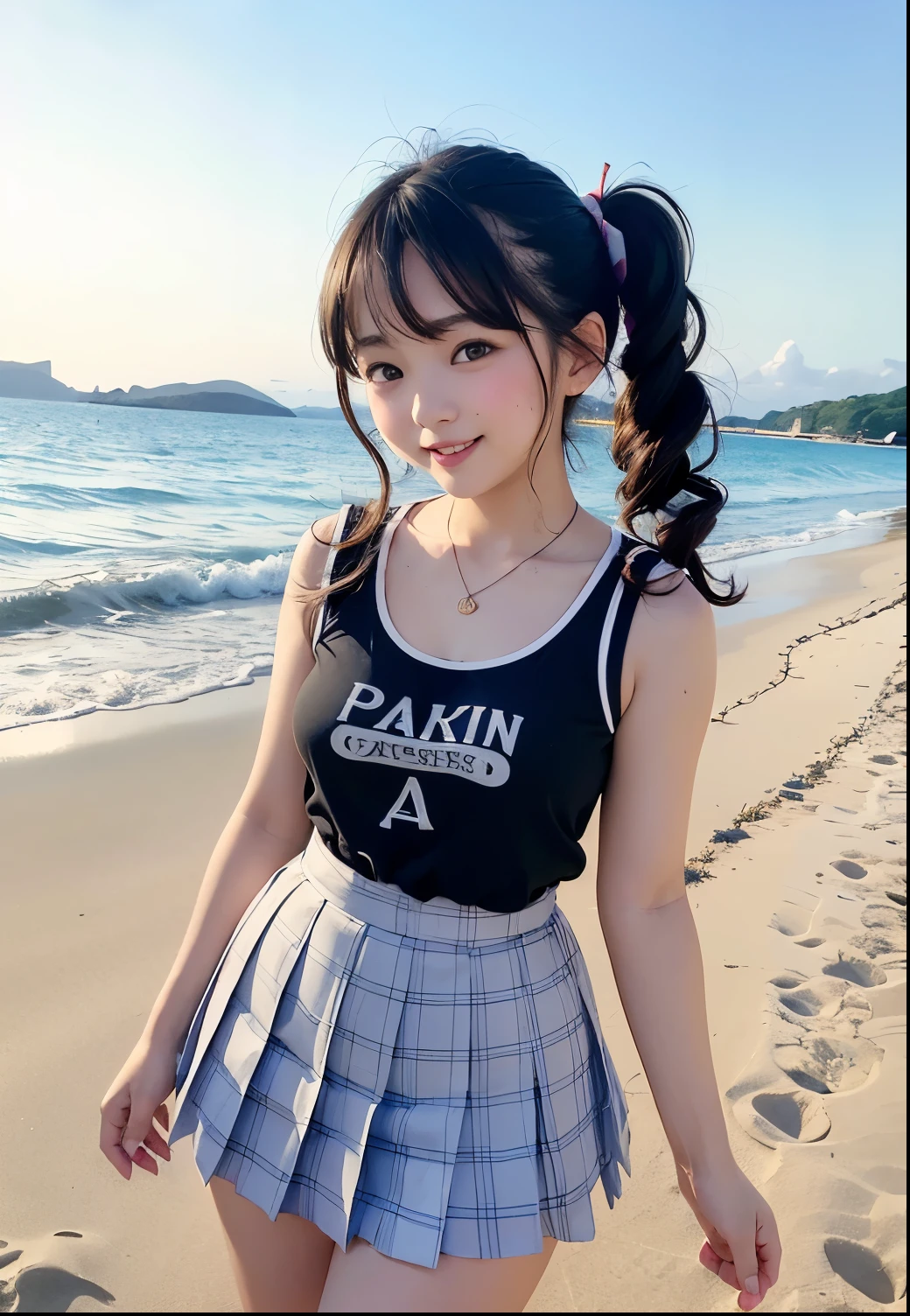 Very cute face、smile、15歳girl、Fluffy long hair、Beautiful legs、Beautiful body、Thin legs、White skin、Black T-shirt、Black mini skirt、白いパンティ少し見えている、sea