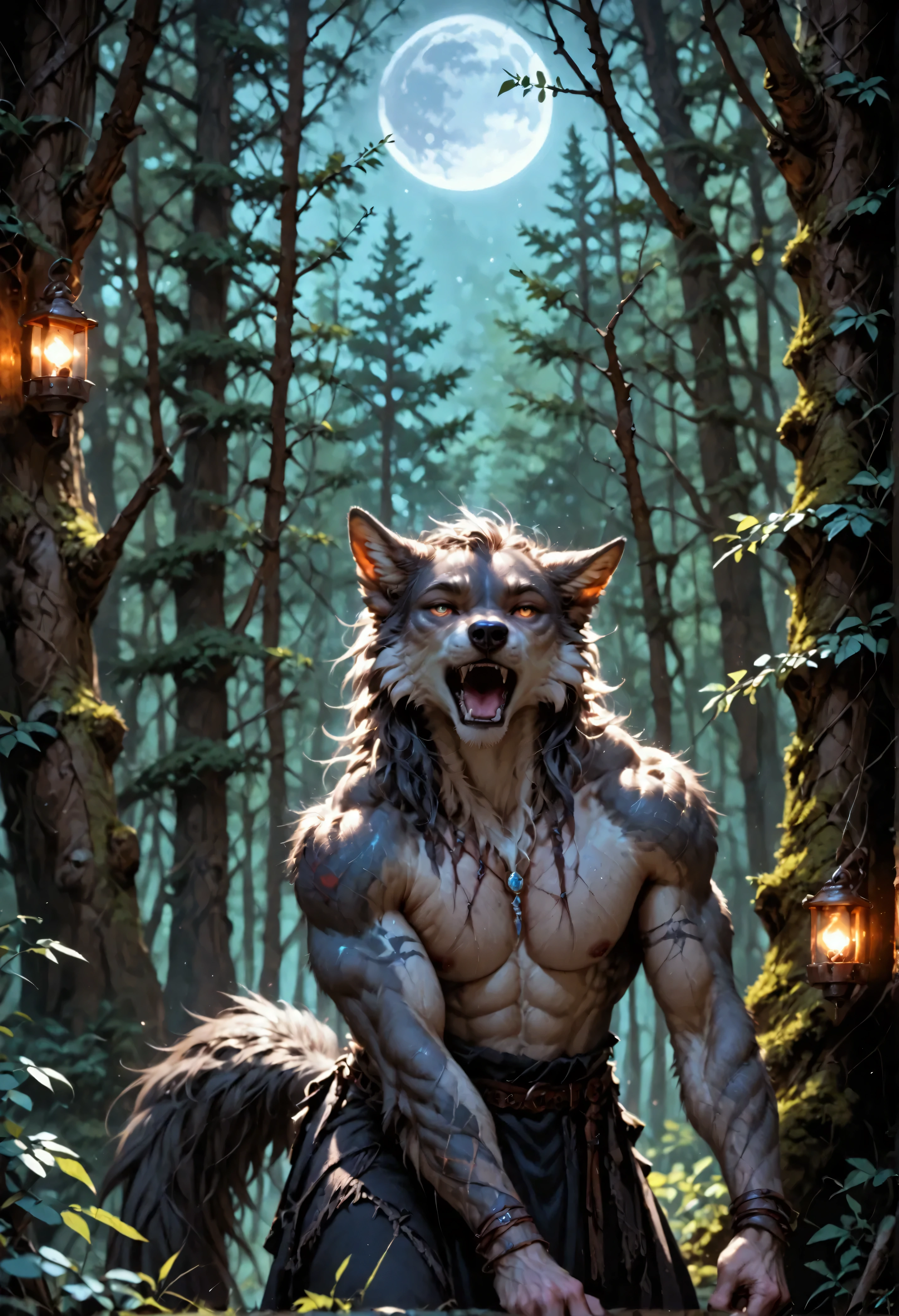 score_9, score_8_up, score_7, a anthro wolf howling in the night at the forest, a soft glowing moon hanging above the forest