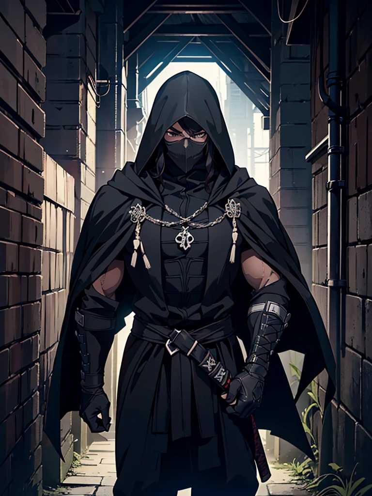 1 man, (man, masculine), (muscular build), (hypertrophy), (compressed muscles),  black hair , hooded cloak, dark clothes, medieval assassin visual, skull mask covering the lower half of the face, (background: dark alley, dark city, at night, darkness) Dual Katanas