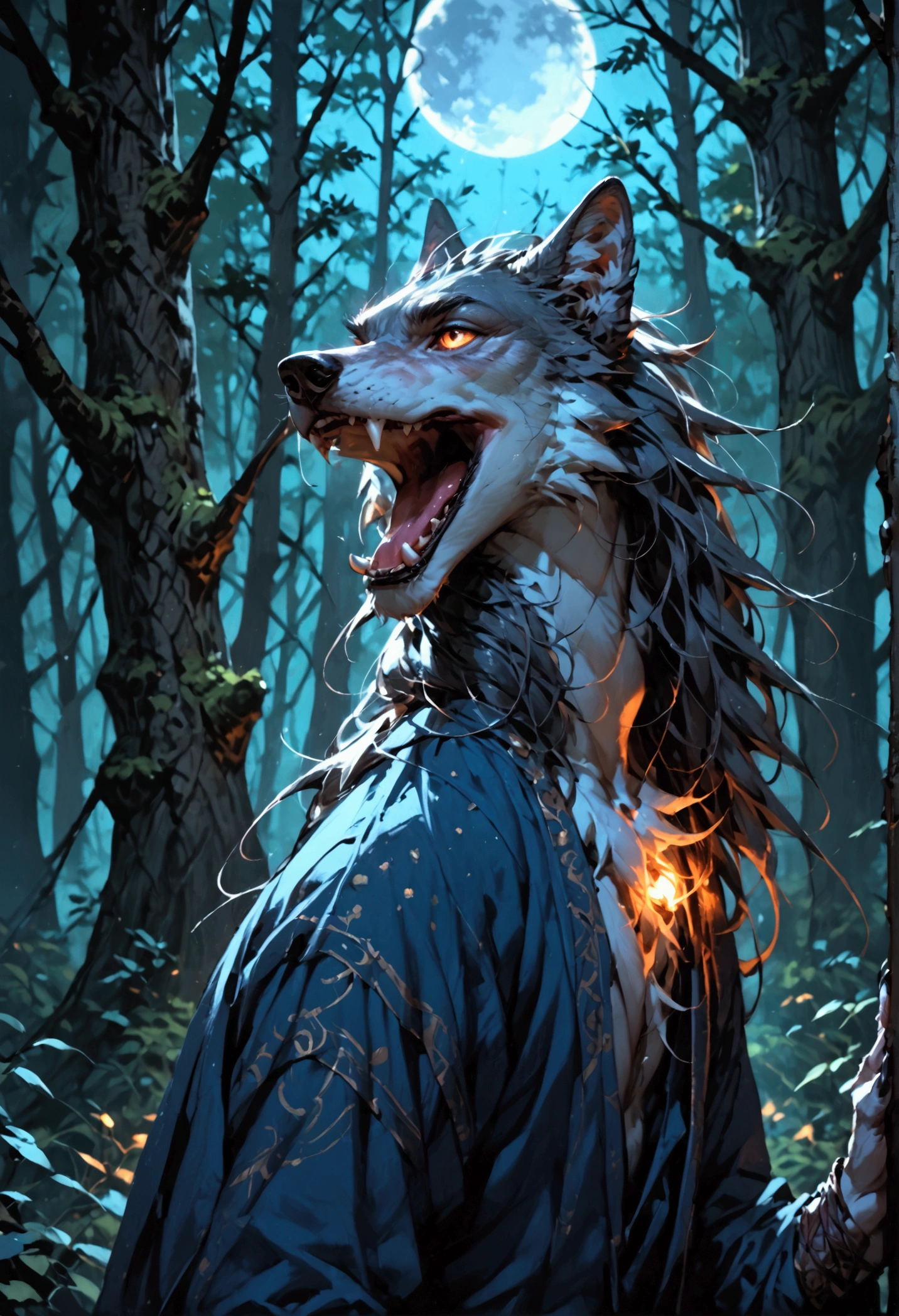 score_9, score_8_up, score_7, a anthro wolf howling in the night at the forest, a soft glowing moon hanging above the forest