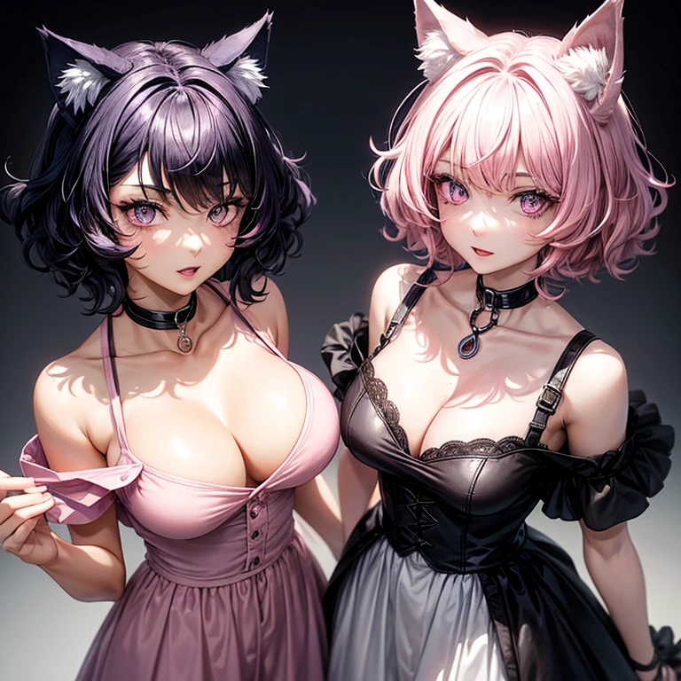 Hot pink hair, pink eyes, dress, cat ears, sexy girl, earrings, heart background fantasy, Hispanic