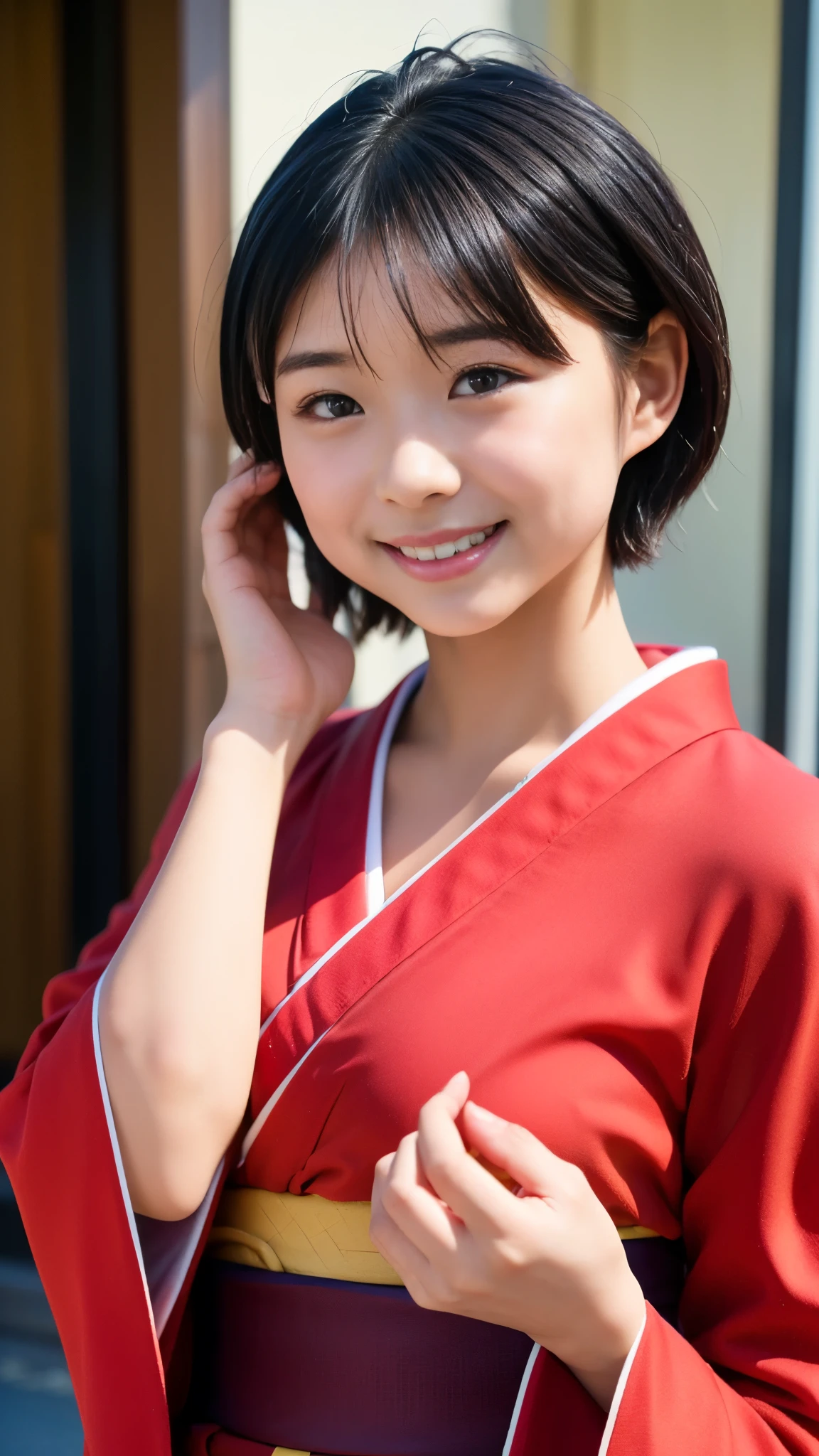 Best Quality,masterpiece, Ultra High Definition , highdefinition RAW color photo, professional photos , natural skin texture, fine skin, Hyperrealism , Japanese Women,(smile, short cut hair,((Red kimono with tomoe pattern,Innkeeper)))